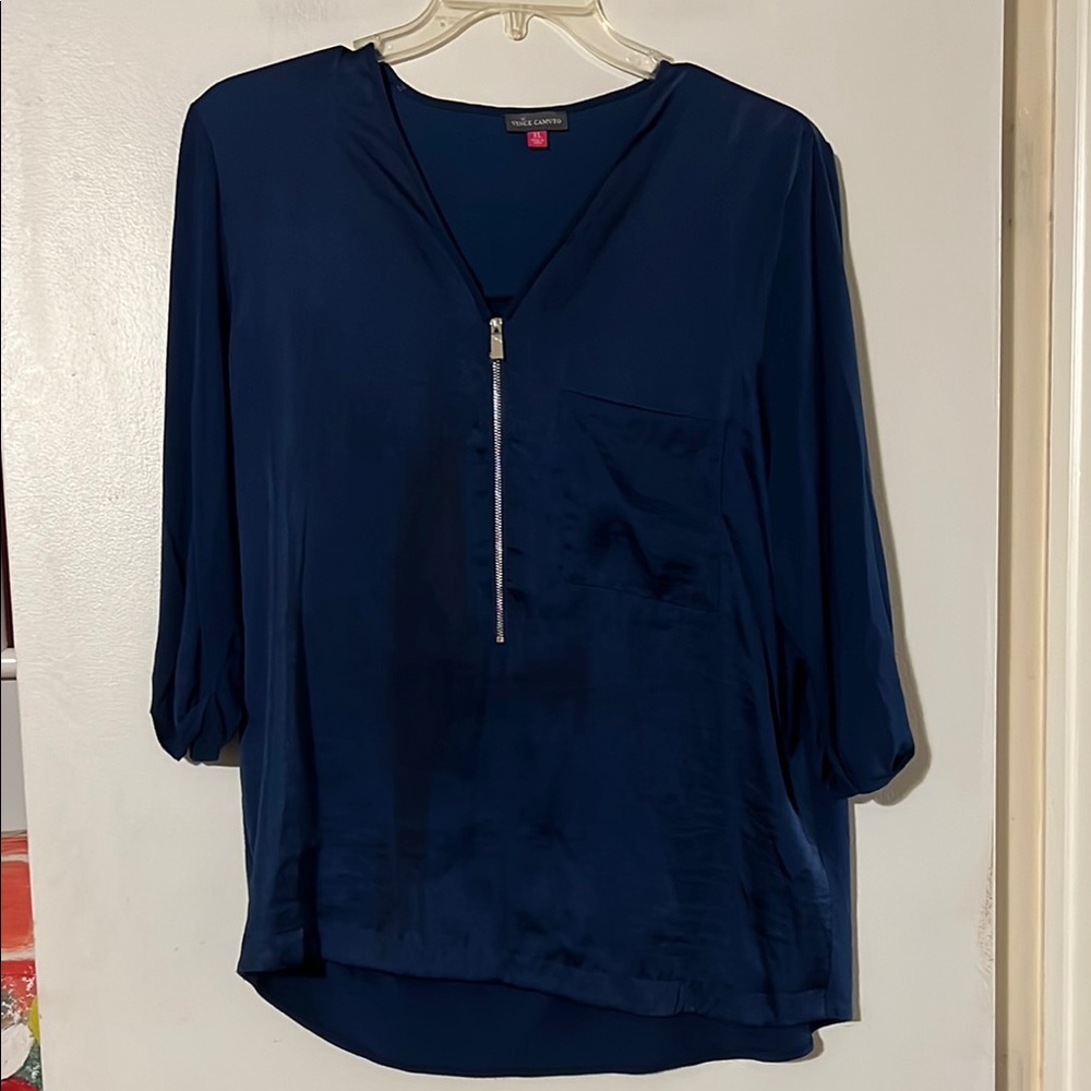 Vince Camuto teal 3/4 sleeve zip front v-neck satin/jersey tunic